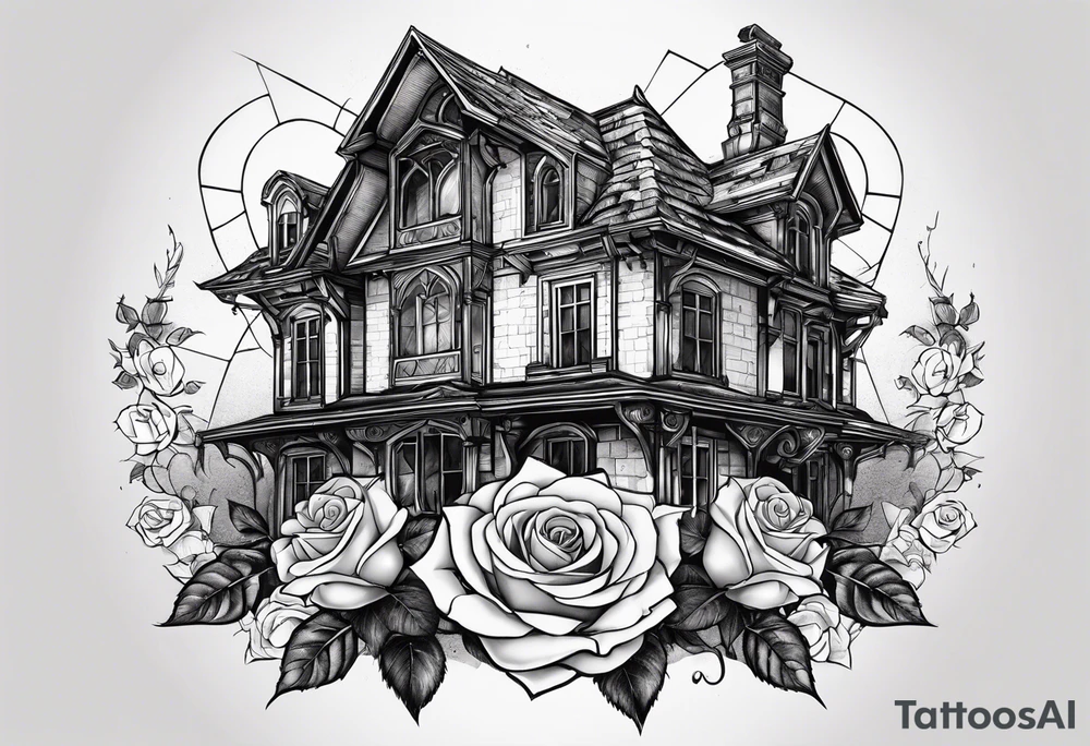 тату рукав, abandoned old gotic house, broken sword, roses, tattoo idea
