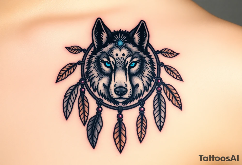 A detailed dreamcatcher with a wolf’s head in the center, surrounded by swirling feathers and beads. The wolf’s eyes glow in bright blue, with soft earth tones in the feathers tattoo idea