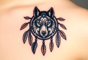 A detailed dreamcatcher with a wolf’s head in the center, surrounded by swirling feathers and beads. The wolf’s eyes glow in bright blue, with soft earth tones in the feathers tattoo idea