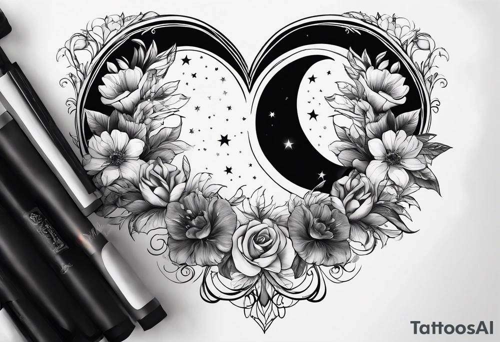 Crescent moon with a heart inside, shrouded by beautiful flowers with wisps of mist tattoo idea