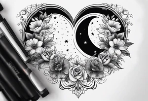 Crescent moon with a heart inside, shrouded by beautiful flowers with wisps of mist tattoo idea