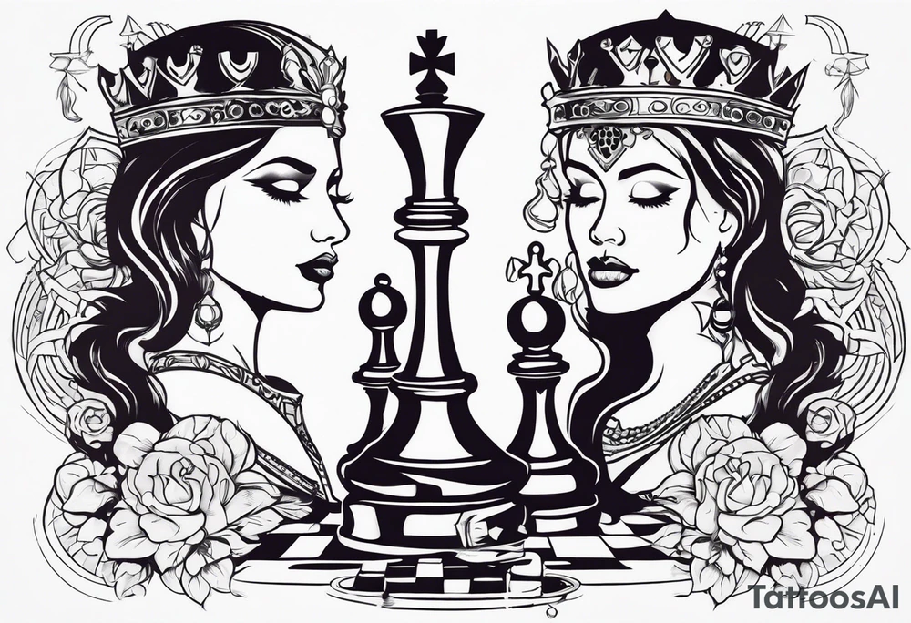 chess queen piece contour with two pawns on her side with spiritual patterns around tattoo idea