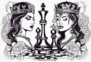 chess queen piece contour with two pawns on her side with spiritual patterns around tattoo idea