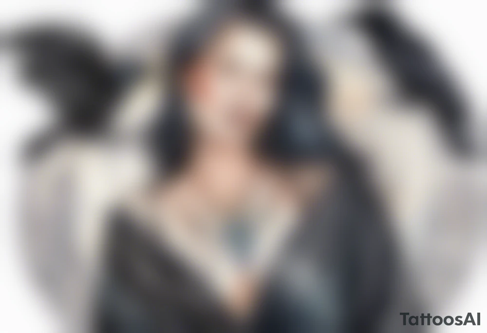 a beautiful 50 year old Dakota woman with pale skin wearing a black robe, standing on a crescent moon with bare feet, a raven on her shoulder tattoo idea