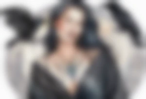 a beautiful 50 year old Dakota woman with pale skin wearing a black robe, standing on a crescent moon with bare feet, a raven on her shoulder tattoo idea