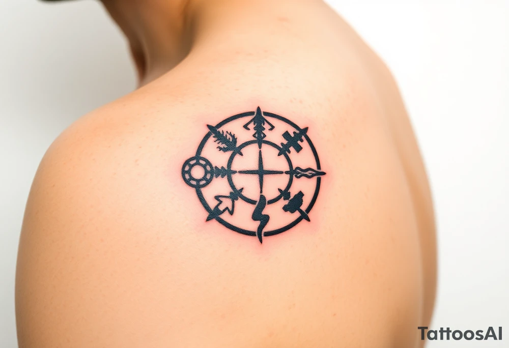 A fusion of all five faction symbols, seamlessly blended into a circular design, representing sci fi movie Divergent tattoo idea