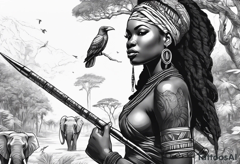 African woman warrior holding spear with ear rings and trees and brids and elephants in the background tattoo idea