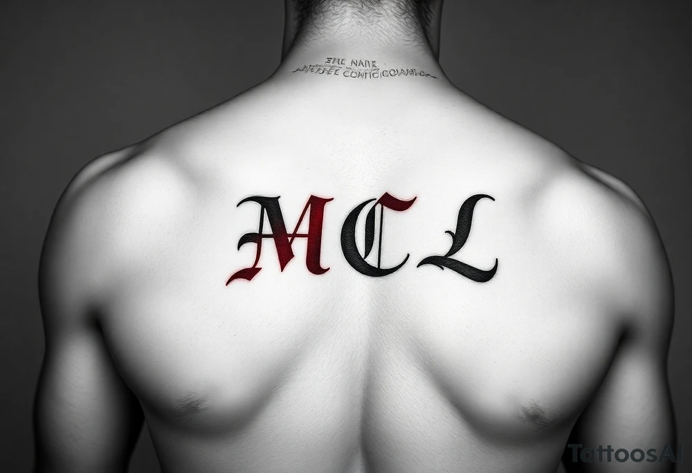 realistic tattoo design of "MCL" on upper left  side of chest, shaded to look as if tattoo was carved into the skin, red and black tattoo idea