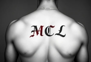 realistic tattoo design of "MCL" on upper left  side of chest, shaded to look as if tattoo was carved into the skin, red and black tattoo idea