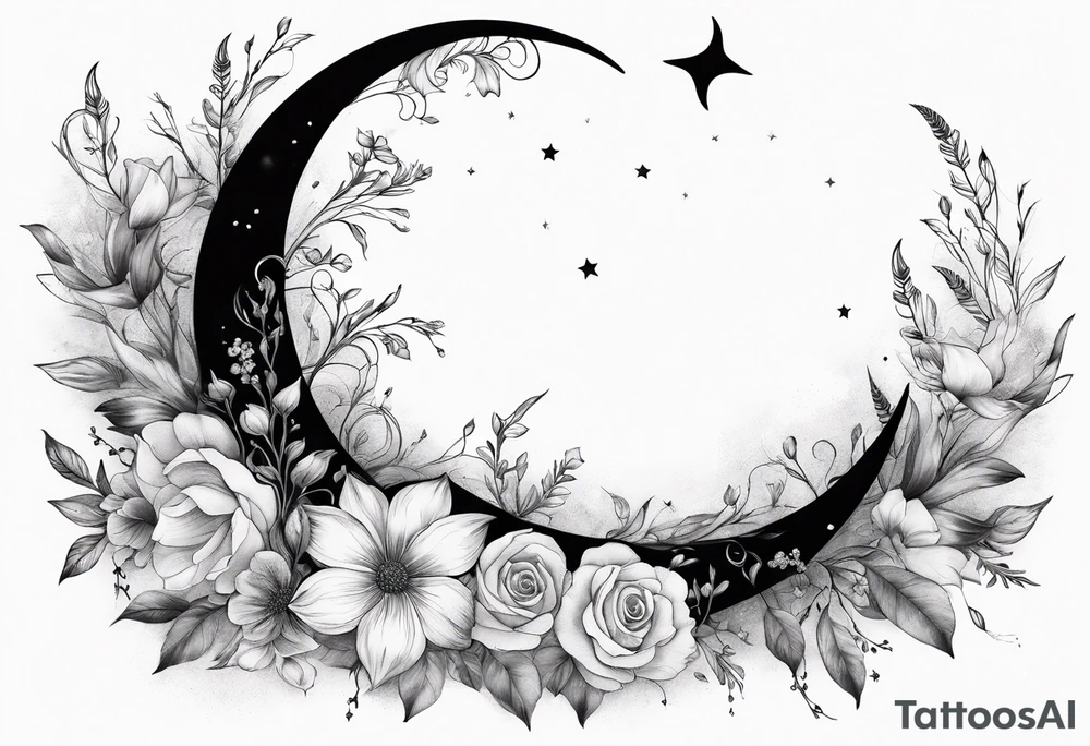 Crescent moon with a heart inside, shrouded by beautiful flowers with wisps of mist tattoo idea