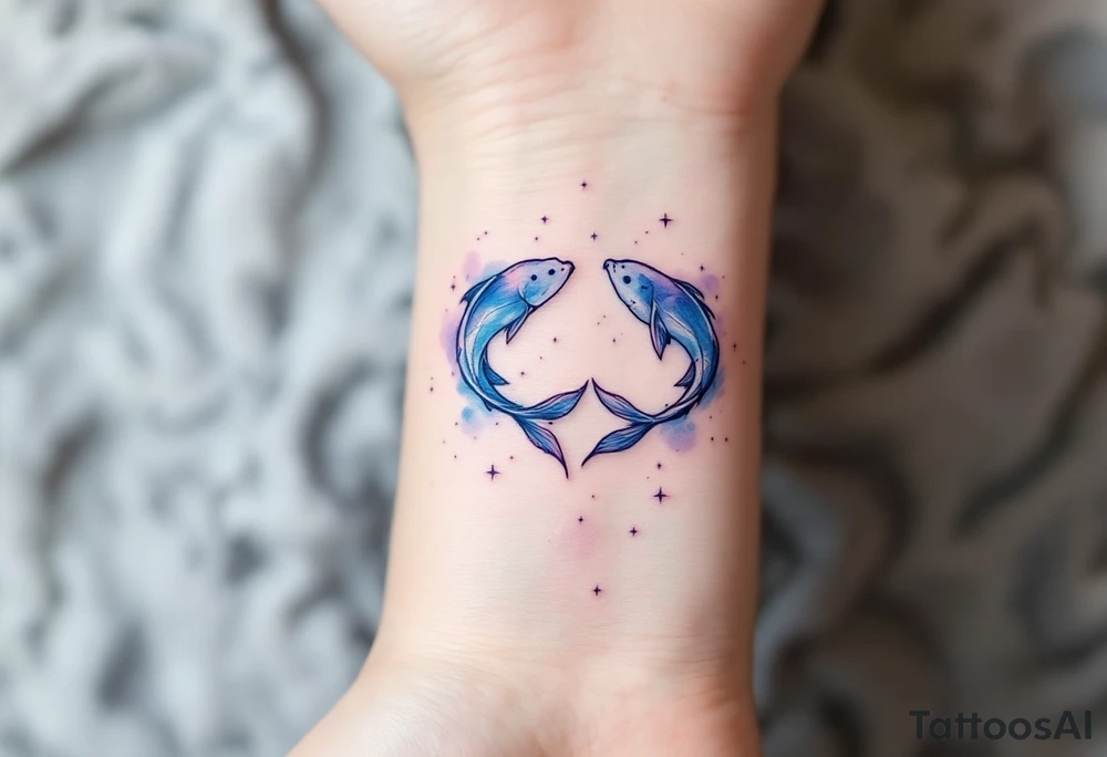 A delicate watercolor Pisces constellation tattoo in soft blues and purples symbolizes the dreamy essence of the zodiac sign. tattoo idea
