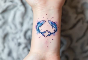 A delicate watercolor Pisces constellation tattoo in soft blues and purples symbolizes the dreamy essence of the zodiac sign. tattoo idea