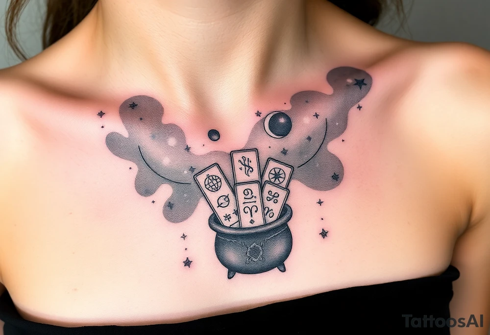 Milky way galaxy filled with zodiac symbols runes tarot cards coming out of a cauldron tattoo idea