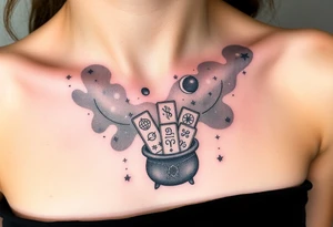 Milky way galaxy filled with zodiac symbols runes tarot cards coming out of a cauldron tattoo idea