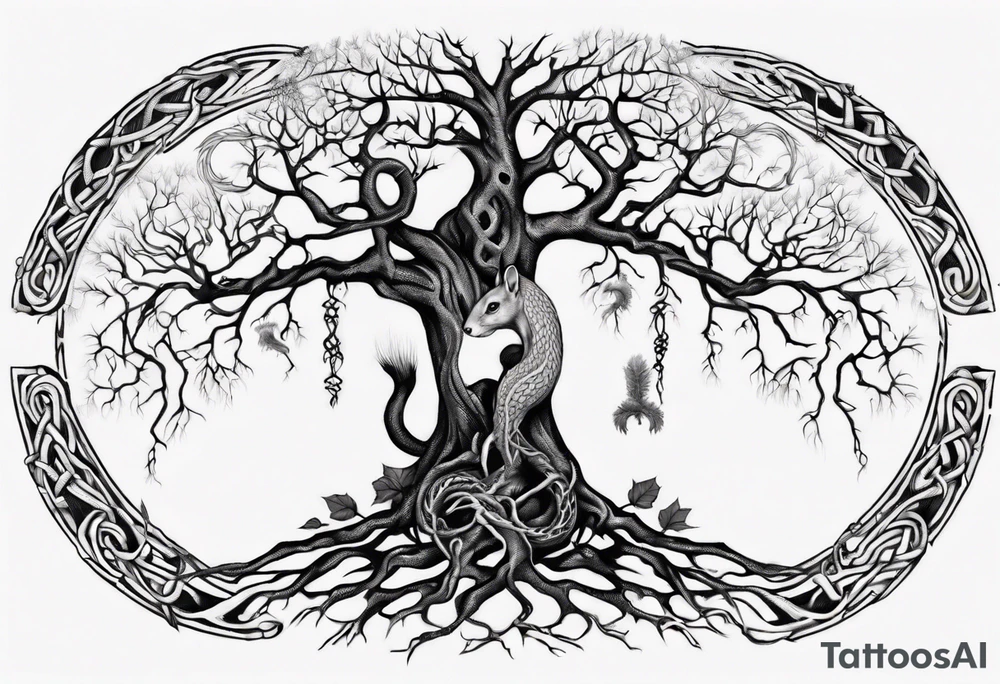 norse tree of life with a squirrel running up the side and a serpent weaving through the roots of the tree tattoo idea