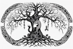 norse tree of life with a squirrel running up the side and a serpent weaving through the roots of the tree tattoo idea