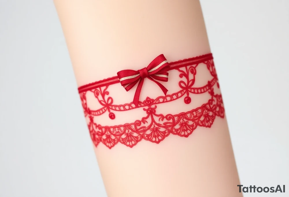 A deep red lace garter design, with a satin bow and subtle gemstone details for a sensual aesthetic tattoo idea