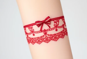 A deep red lace garter design, with a satin bow and subtle gemstone details for a sensual aesthetic tattoo idea