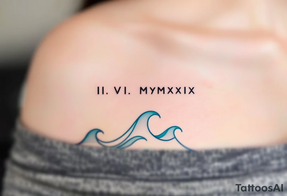 Fine-line II. VI. MMXIX in dark ink on the inner bicep, with stylized waves in desaturated teal flowing beneath. tattoo idea