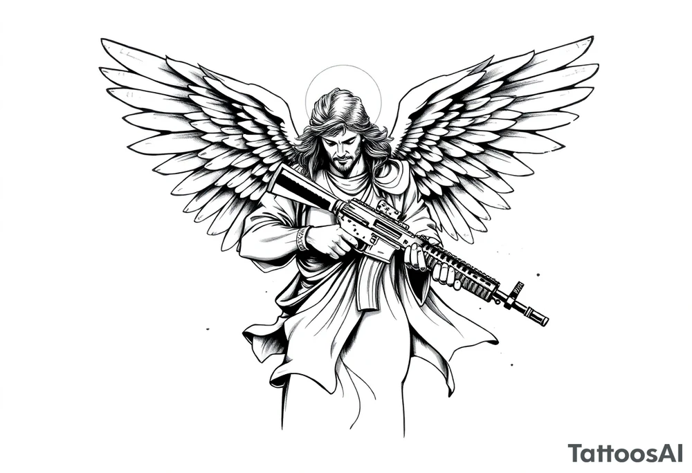 This black and grey tattoo sketch should depict Archangel Michael in a blend of realism and graphic art styles on a white background. The archangel is portrayed as a powerful, solemn warrior with large, detailed wings and flowing robes, creating a sense of movement and divine presence.

A striking element is the AK-47 assault rifle in his hands, merging sacred imagery with modern weaponry. The rifle should be detailed yet slightly stylized to maintain a balance between realism and bold graphic lines.

The focus remains entirely on Archangel Michael and his weapon, with no background elements. However, subtle ink splatters, dripping effects, or rough shading can add depth and intensity to the composition.

The shading technique should mix smooth gradients for realism with sharp, defined lines to create contrast and a strong visual impact. The final design should feel bold, dramatic, and symbolic, representing a divine warrior with a contemporary edge, embodying strength, protection, and justice. tattoo idea