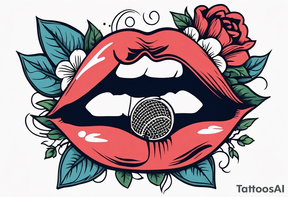lips singing old school vintage traditional
flowers around and mouth next to microphone
bold and colorful simple design tattoo idea