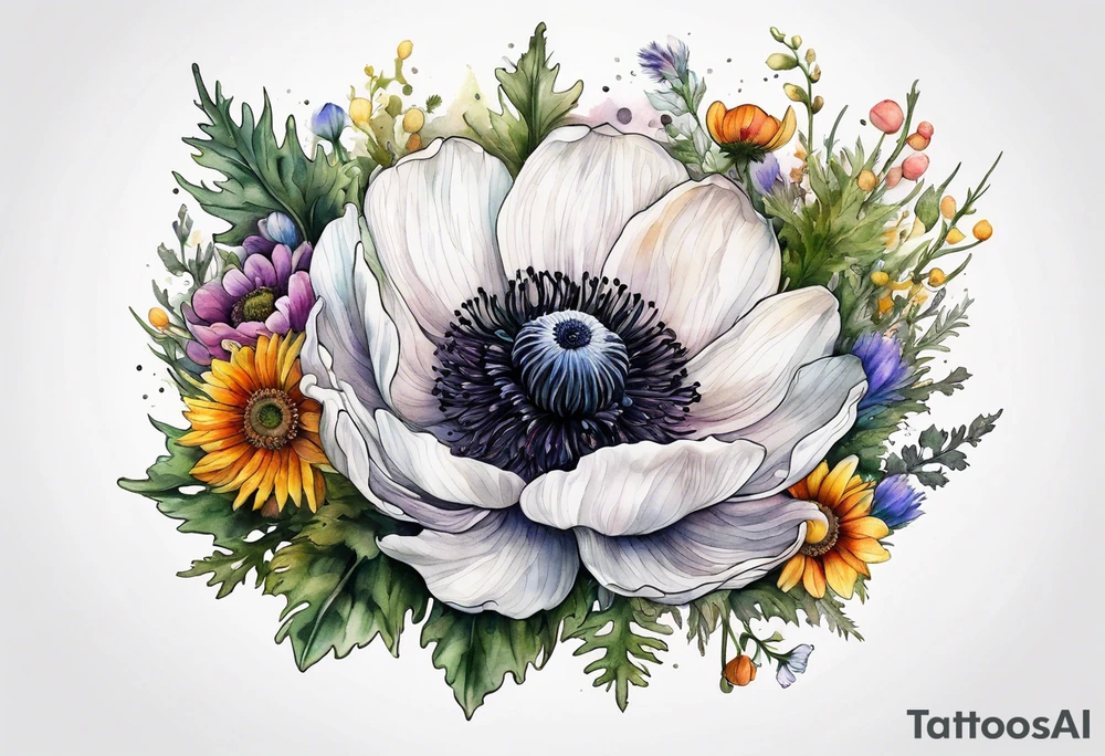one white anemone with black center in the middle of mixed colorful wildflowers all with different shapes including thistles, ferns, ranuculus, and sun flowers all in watercolor tattoo idea