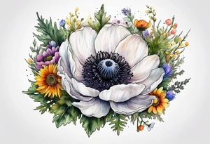 one white anemone with black center in the middle of mixed colorful wildflowers all with different shapes including thistles, ferns, ranuculus, and sun flowers all in watercolor tattoo idea