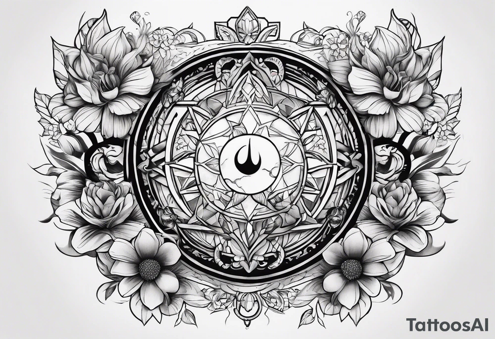 Design a sleeve arm tattoo that symbolizes power, peace and love with the sun and moon and with flowers and butterflies but also shows masculinity tattoo idea
