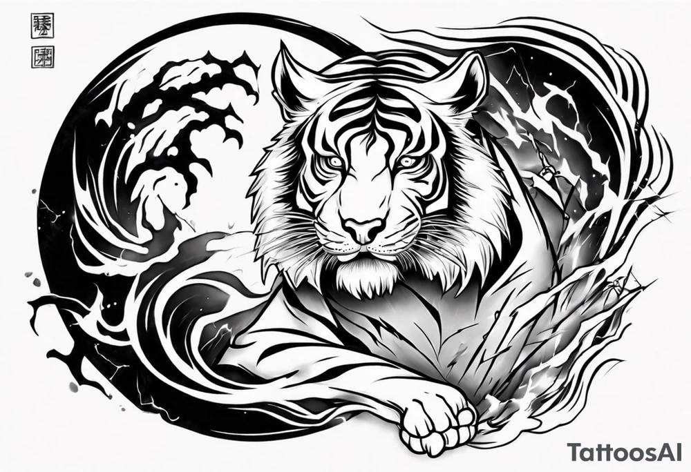 Tiger design with lightning and the sun for a forearm sleeve tattoo idea
