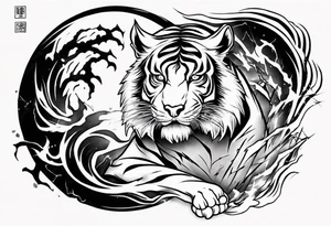 Tiger design with lightning and the sun for a forearm sleeve tattoo idea