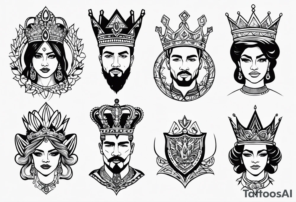 With names that are Vanessa Peña Luis Angel Montes Ezequiel Peña Laura Montes with crowns on top of every one tattoo idea