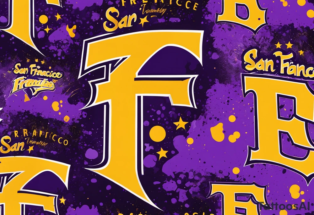 san Francisco 49er logo with team color splatter only behind this symbol  with an additional Kobe Bryant logo in purple and yellow with purple and gold paint splatter only behind Kobe logo with small portion of Kobe logo hidden underneath the San Francisco logo tattoo idea