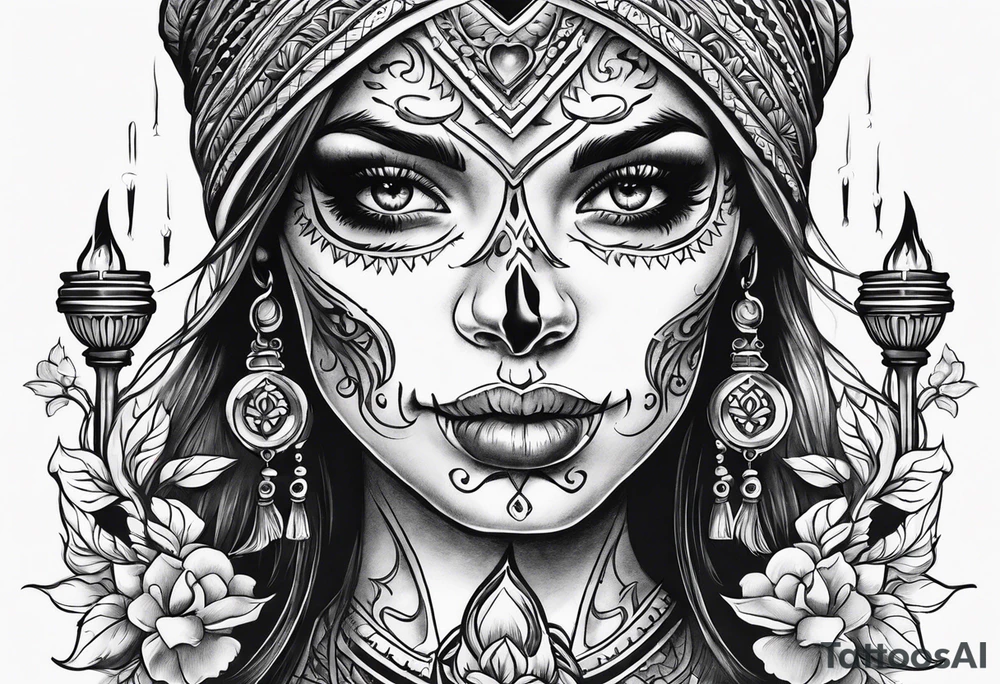 Skull and candle woman's face above tattoo idea