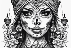 Skull and candle woman's face above tattoo idea