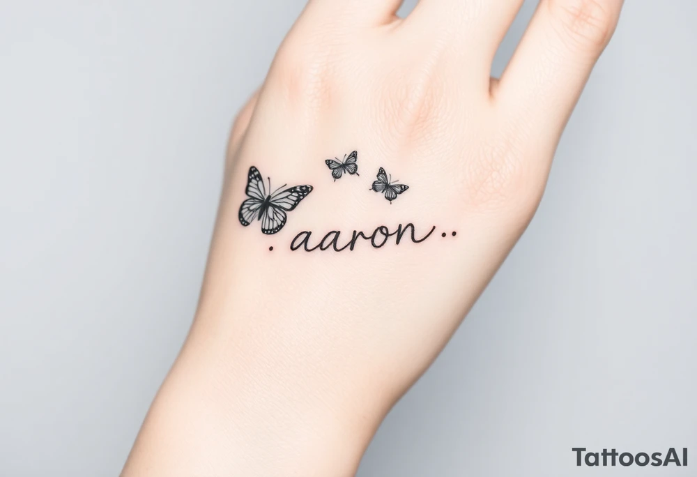 a hand tattoo with the name aaron, add some butterflies and a semicolon tattoo idea