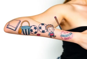 Childhood memories of a book, a bucket and spade, a football, a cricket bat, a cartoon of Dennis the Menace from the Beano comic, and the American Idiot symbol tattoo idea