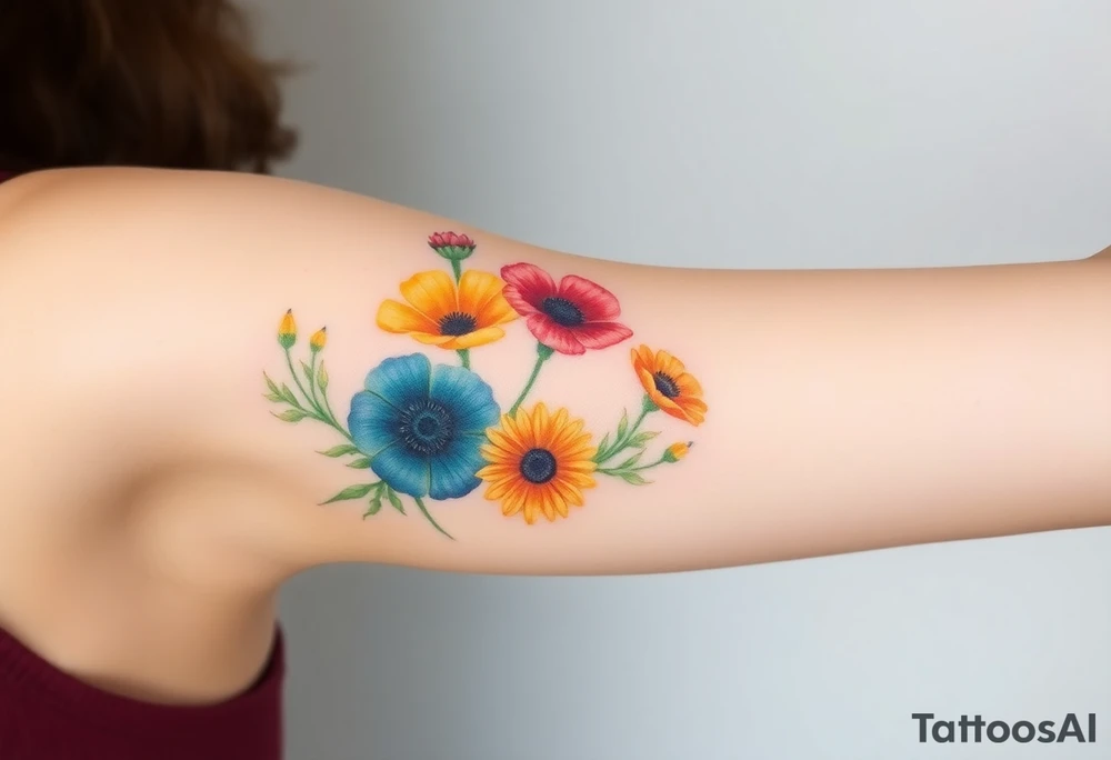 Create an image of an upper arm tattoo (from shoulder cap to just above the elbow) comprised of California poppies, California blackberries, gray’s lupine, marsh marigold, Indian paintbrush, one daisy, and an orange and orange blossom. More realistic and Use color tattoo idea