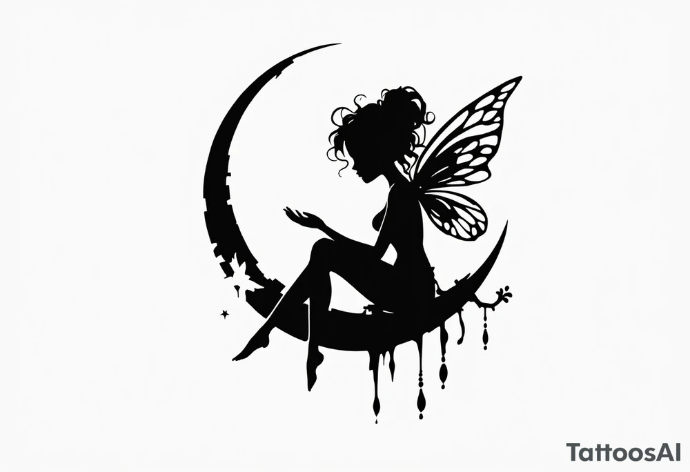 Silhouette of a Fairy sitting on moon with dangles. tattoo idea