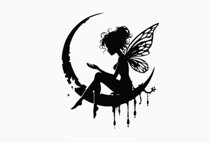 Silhouette of a Fairy sitting on moon with dangles. tattoo idea