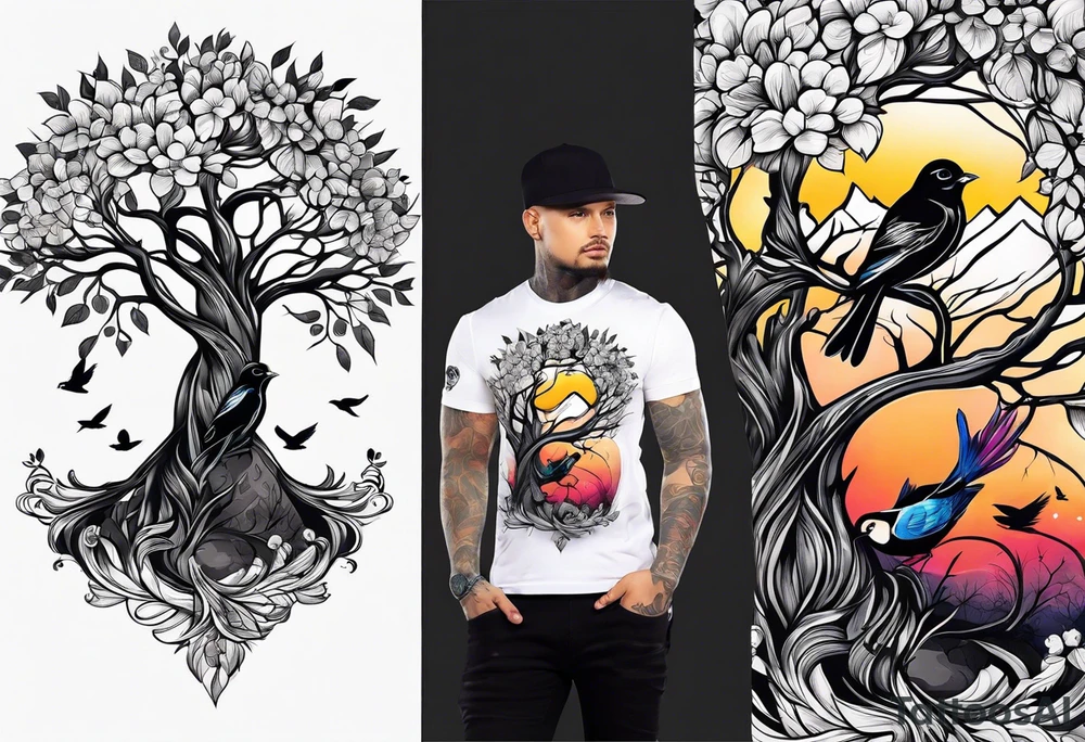 family tree with birds tattoo idea