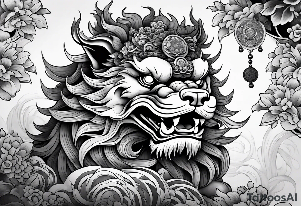 foo dog, powerful, with three eyes, coins around him tattoo idea