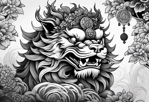 foo dog, powerful, with three eyes, coins around him tattoo idea