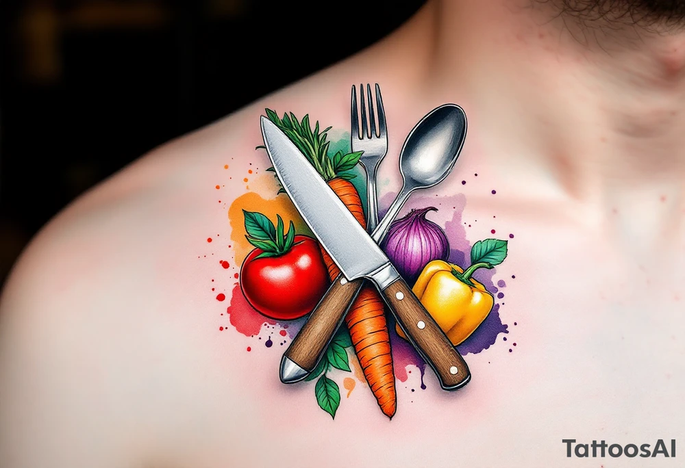 A realistic kitchen tattoo design showing a stainless steel chef’s knife with a brown wooden handle crossed over a silver fork and spoon, surrounded by fresh vegetables: a bright red tomato, an orange carrot with green leaves, a purple onion, green basil leaves, and a yellow bell pepper — all arranged in a circular layout with soft watercolor splashes in red, green, orange, and violet behind them. tattoo idea