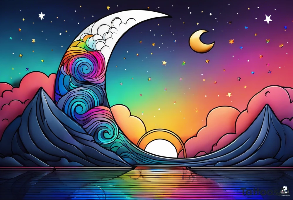 Small crescent moon with a rainbow tattoo idea
