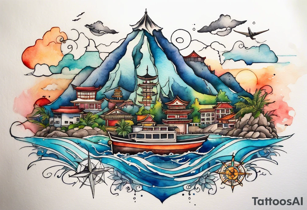 Travel themed for thigh, compass rose overlaid with beach, mountains, city scapes and European landmarks in and around it, spilled watercolor and tiny jet plane silhouette and a tiny motor boat in the water tattoo idea