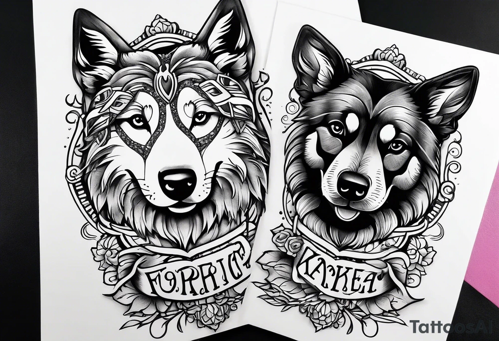 forearm tattoo lettering K9 theme name of all my dogs Tasha Katie Kiera Zeke Pixie Bud Bear tattoo idea