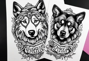 forearm tattoo lettering K9 theme name of all my dogs Tasha Katie Kiera Zeke Pixie Bud Bear tattoo idea