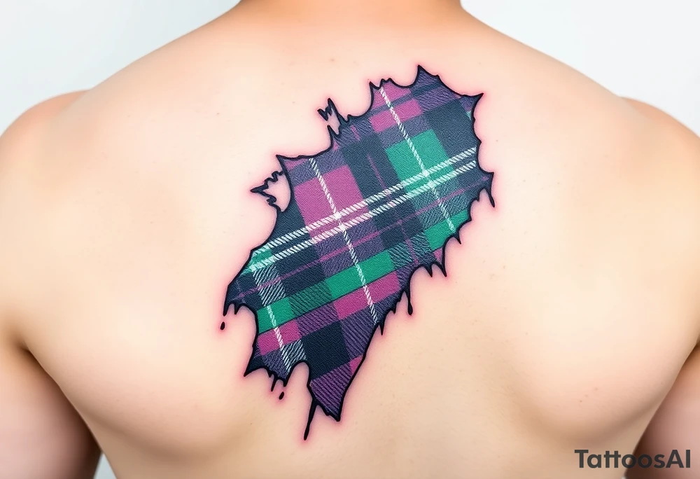 Side of arm Dark Purple with green pink blue and white highlights tartan fabric with flesh peeling away at edges tattoo idea