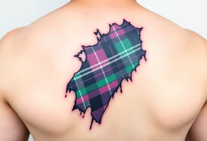 Side of arm Dark Purple with green pink blue and white highlights tartan fabric with flesh peeling away at edges tattoo idea