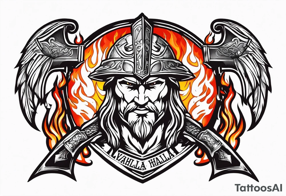valhalla on fire sword shield axe warrior tattoo idea